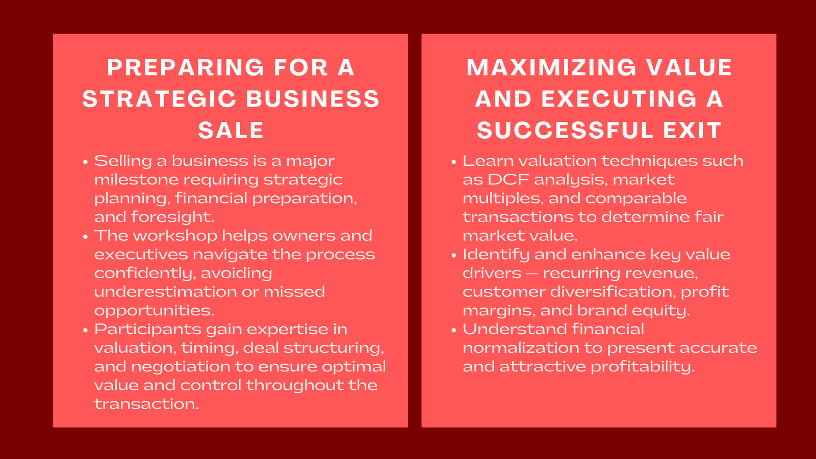 Corporate Workshop Key Considerations Before Selling Your Business